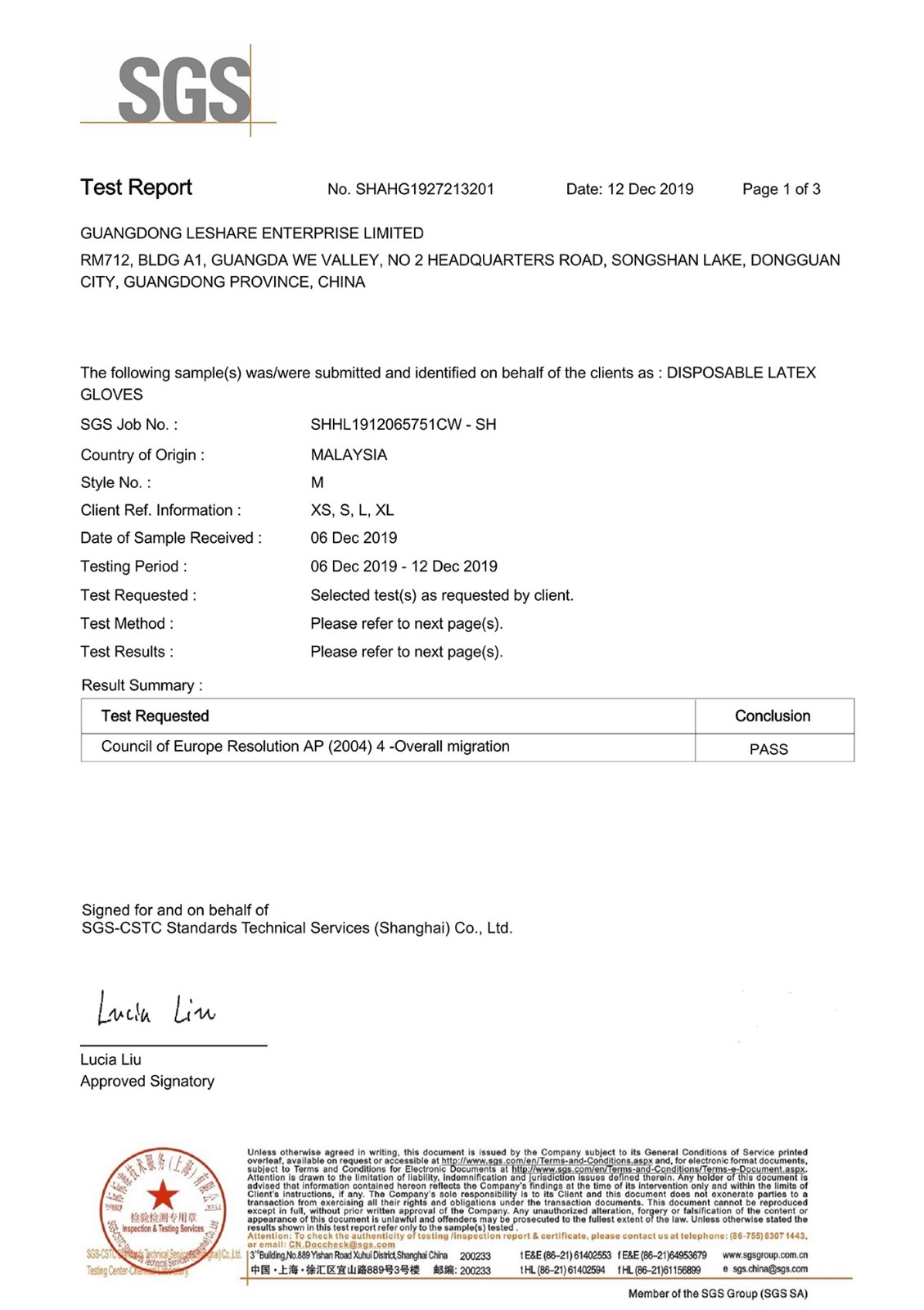 SGS  REPORT FOR LATEX GLOVES