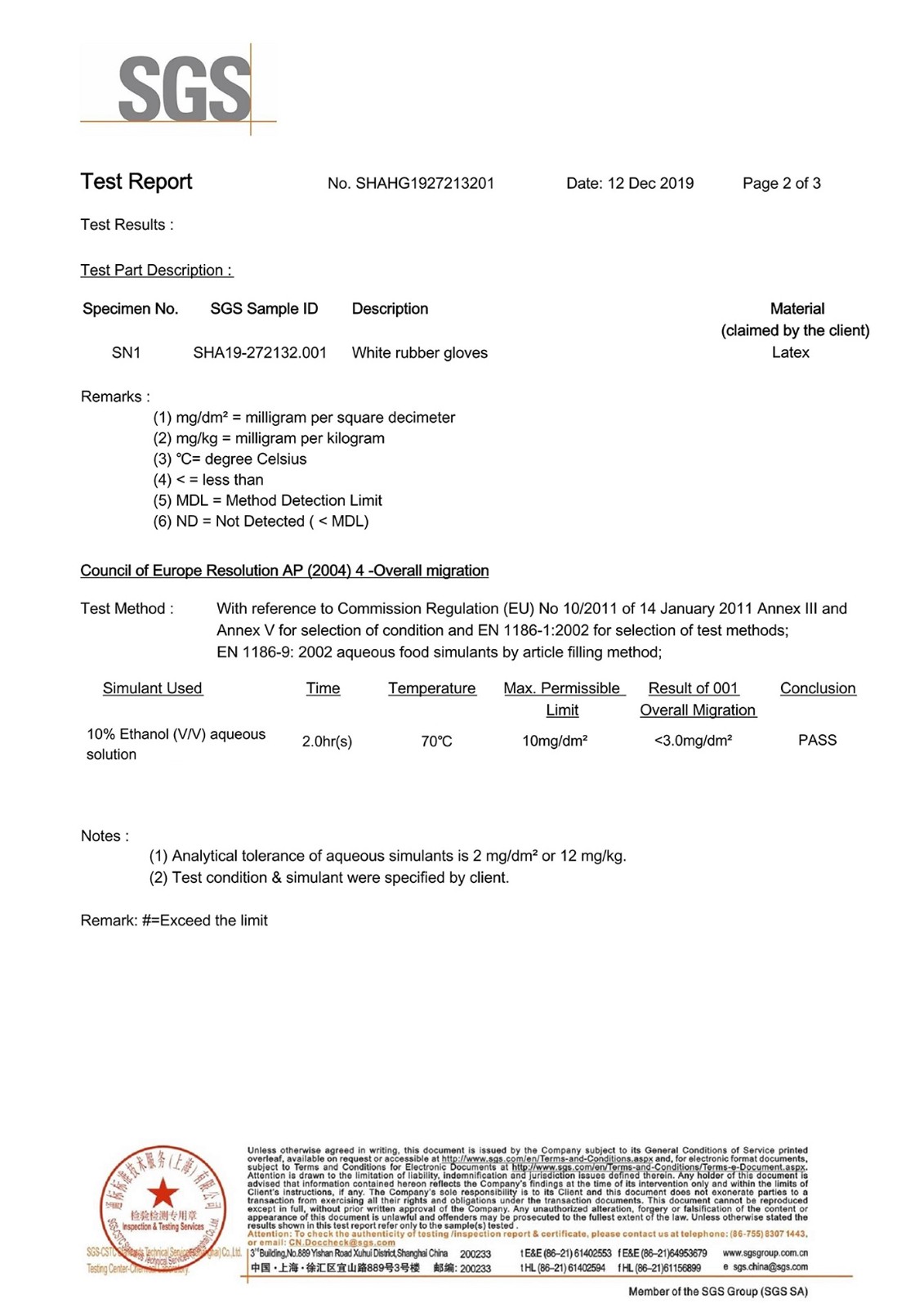 SGS  REPORT FOR LATEX GLOVES